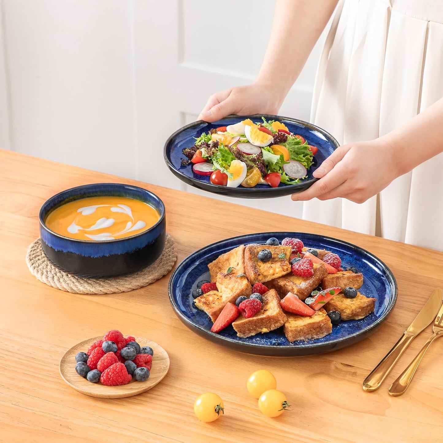 vancasso Starry 12 Pieces Dinnerware Sets for 4, Blue Reactive Glaze Dishes Sets, Ceramic Plates and Bowls Set, Dinner Salad Dessert Plates, and Cereal Bowls Set, Dishwasher and Microwave Safe