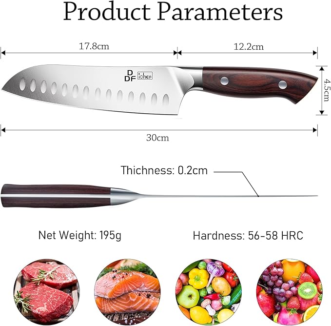DDF iohEF Kitchen Knife 7 inch Chef Knife Professinal Santoku Knife, Japanese Stainess Steel Ultra Sharp Cooking Knife with Ergonomic Handle for Chopping Vegetable and Cooking