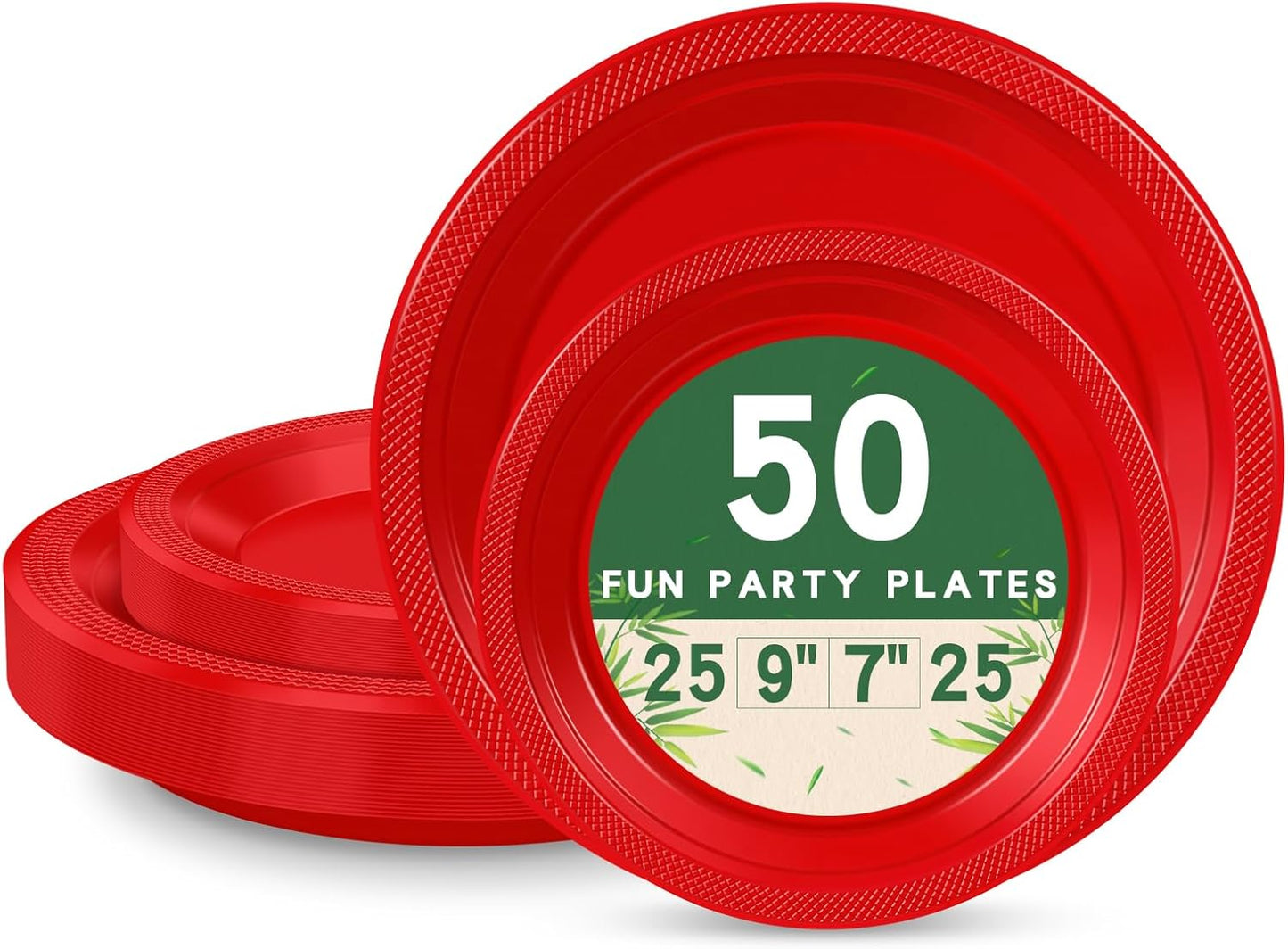 50 Red Plastic Plates For Party, Includes 25-9" & 25-7" Cake Dessert Plastic Dinner Plates Disposable For Party Supplies
