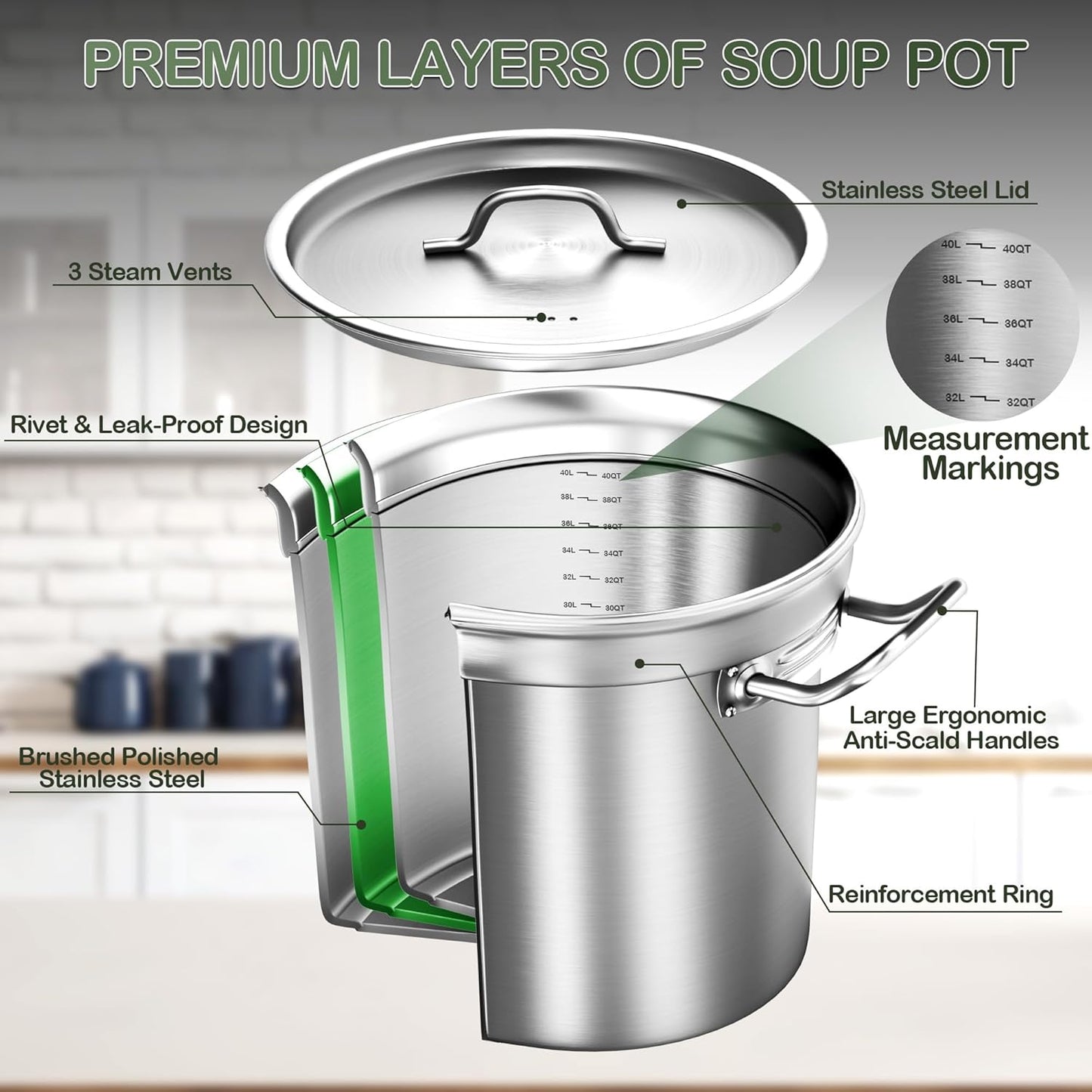 Stainless Steel Stockpot – 40QT Stock Pot with Lid, Heavy-Duty Tri-Ply Bottom Cooking Pot for Canning, Boiling Beer Brewing, Soup, Seafood Boil – Satin Finish Stainless Steel Soup Pot