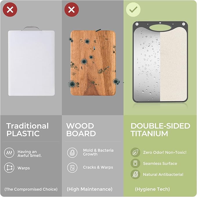 Titanium Cutting Board 15x10 Inch, Single Board Double Sided Chopping Board for Kitchen, Hygienic and Food Grade Pure Titanium & Wheat Straw Surface, Easy to Clean