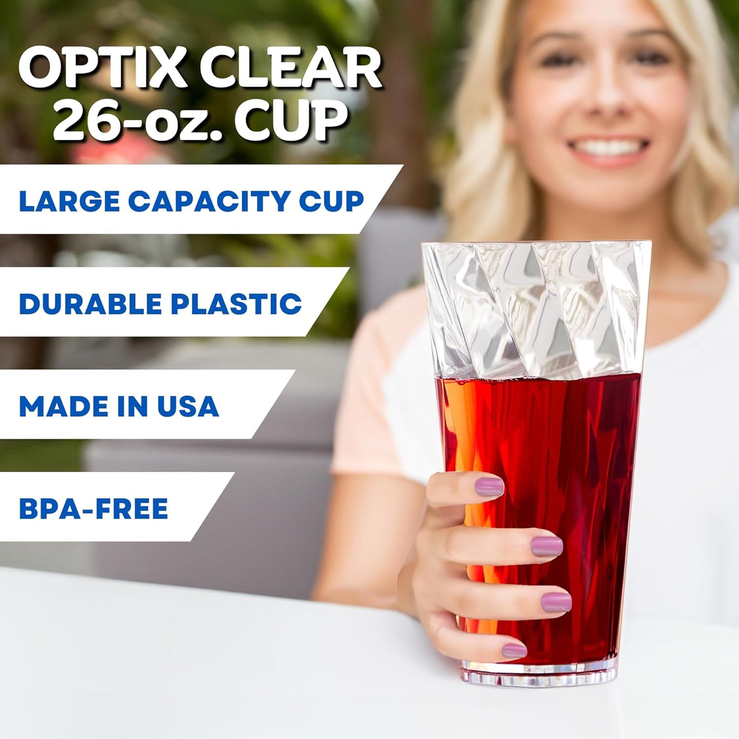 US Acrylic Optix Plastic Reusable Drinking Glasses (Set of 8) 26oz Iced-Tea Cups in Clear | BPA-Free Tumblers, Made in USA | Top-Rack Dishwasher Safe
