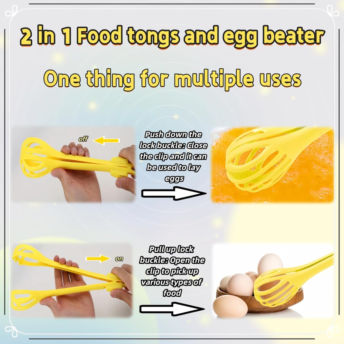2-in-1 Egg Beater Whisk & Food Tongs, Multifunctional Kitchen Tool, Manual Egg Whisker for Cooking, Baking, Mixing Milk, Salad, Cream & Gripping Bread and Pasta(Yellow)