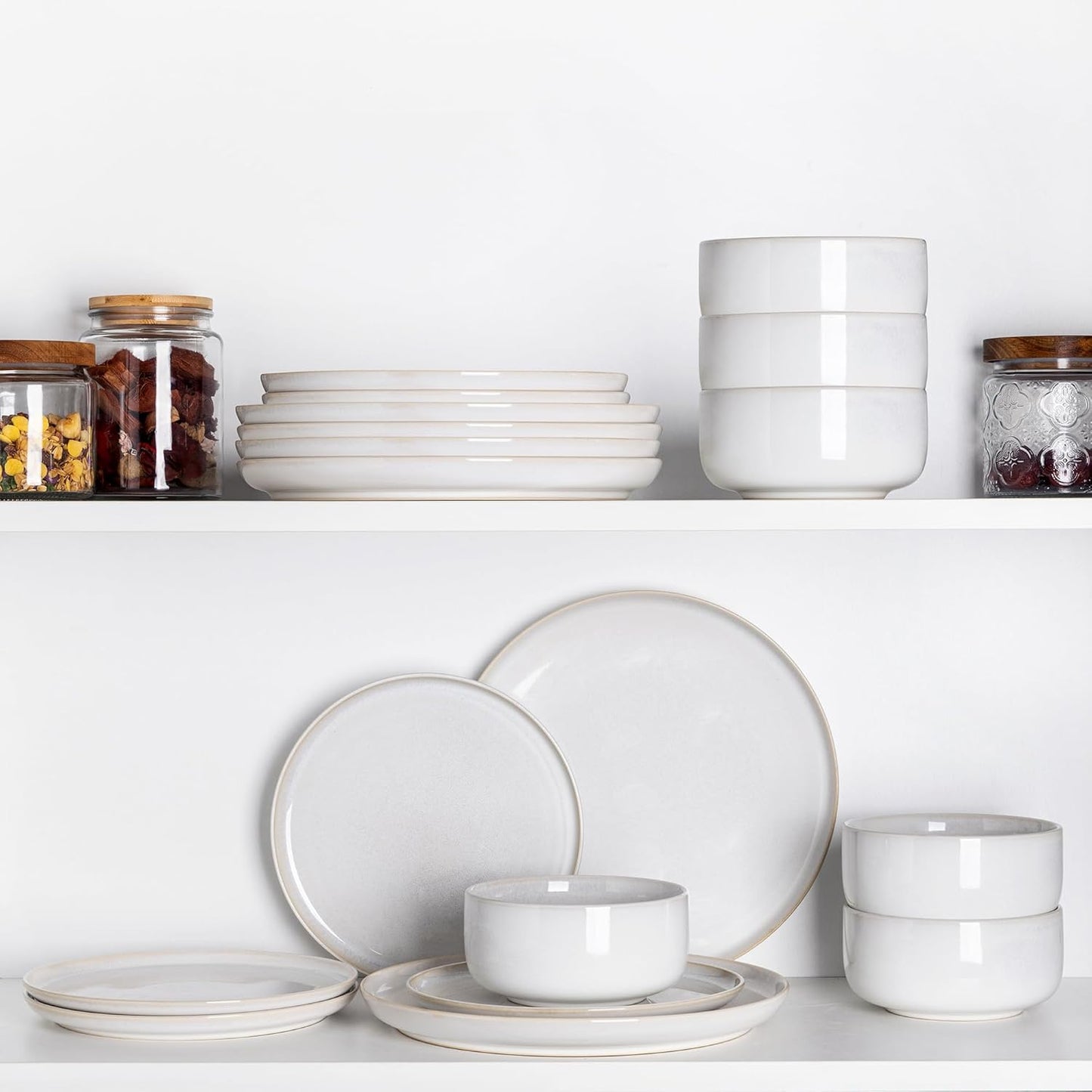 TheTerra Ceramic Dinnerware Sets for 4, 12 Pieces Handmade Reactive Glaze Plates and Bowls Set, Scratch Resistant Dish Set, Oven & Microwave & Dishwasher Safe, Star White