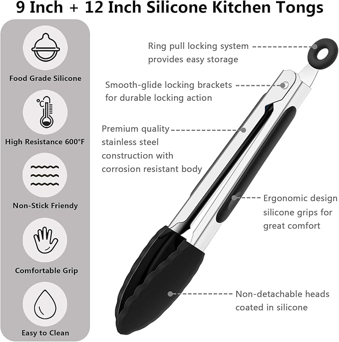 Kitchen Tongs for Cooking with Non-Stick Silicone Tip 2 Pack (9" & 12"), Heat Resistant Food Tongs, Stainless Steel Locking Silicone Tongs for Baking Salad Grill BBQ, Serving Utensils