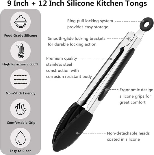 Kitchen Tongs for Cooking with Non-Stick Silicone Tip 2 Pack (9" & 12"), Heat Resistant Food Tongs, Stainless Steel Locking Silicone Tongs for Baking Salad Grill BBQ, Serving Utensils