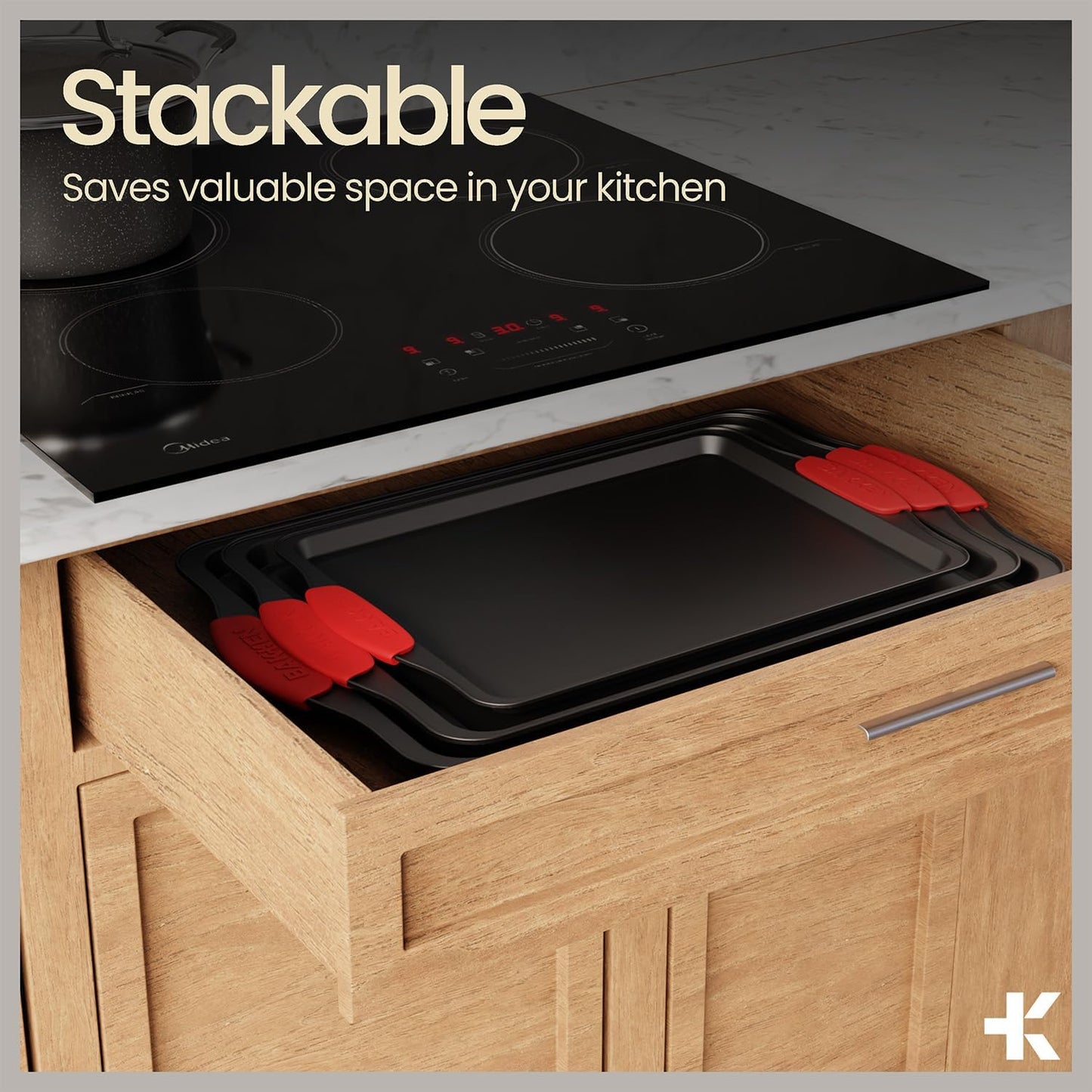 BAKKEN Kitchen Baking Pan Set - Nonstick Coating, Carbon Steel Bakeware Sets with Red Silicone Handles, Baking Kitchen Essentials, PFOA, PFOS, PTFE Free, Oven Safe Tray (Up To 450° F), Set of 18