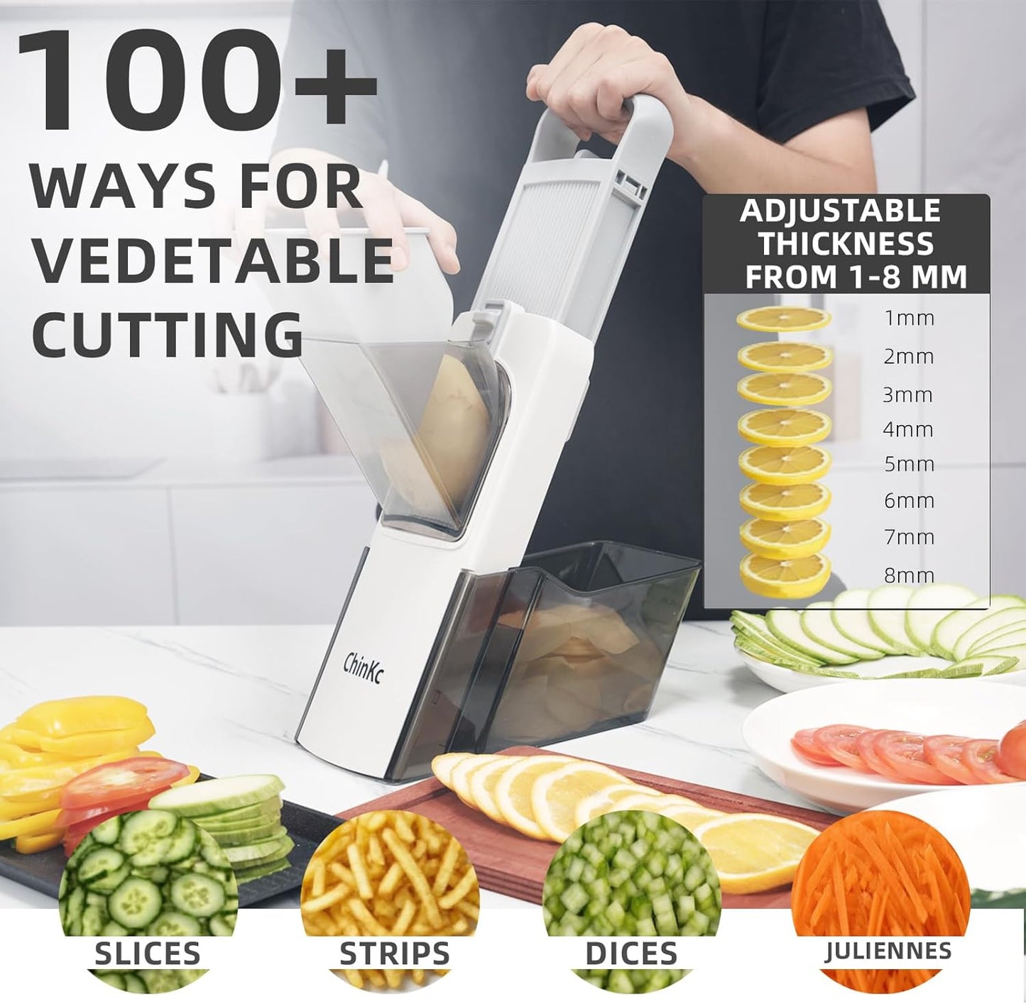 Upgrade Safe Mandoline Slicer for Kitchen, Adjustable Vegetable Food Chopper Potato Fries Cutter, Removable, with Draining basket, Kitchen Chopping Artifact, Gift