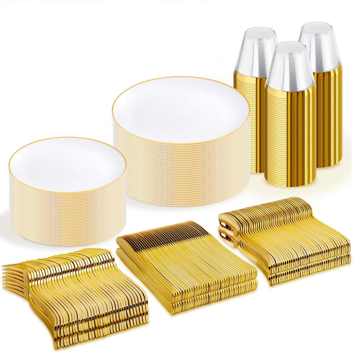 WDF 300PCS White and Gold Plates - Wedding Plastic Dinnerware Set for 50 Guests Include 50 Dinner & 50 Cake Plates, 50 Cutlery, 50 Cups for Wedding, Birthday, Thanksgiving Party