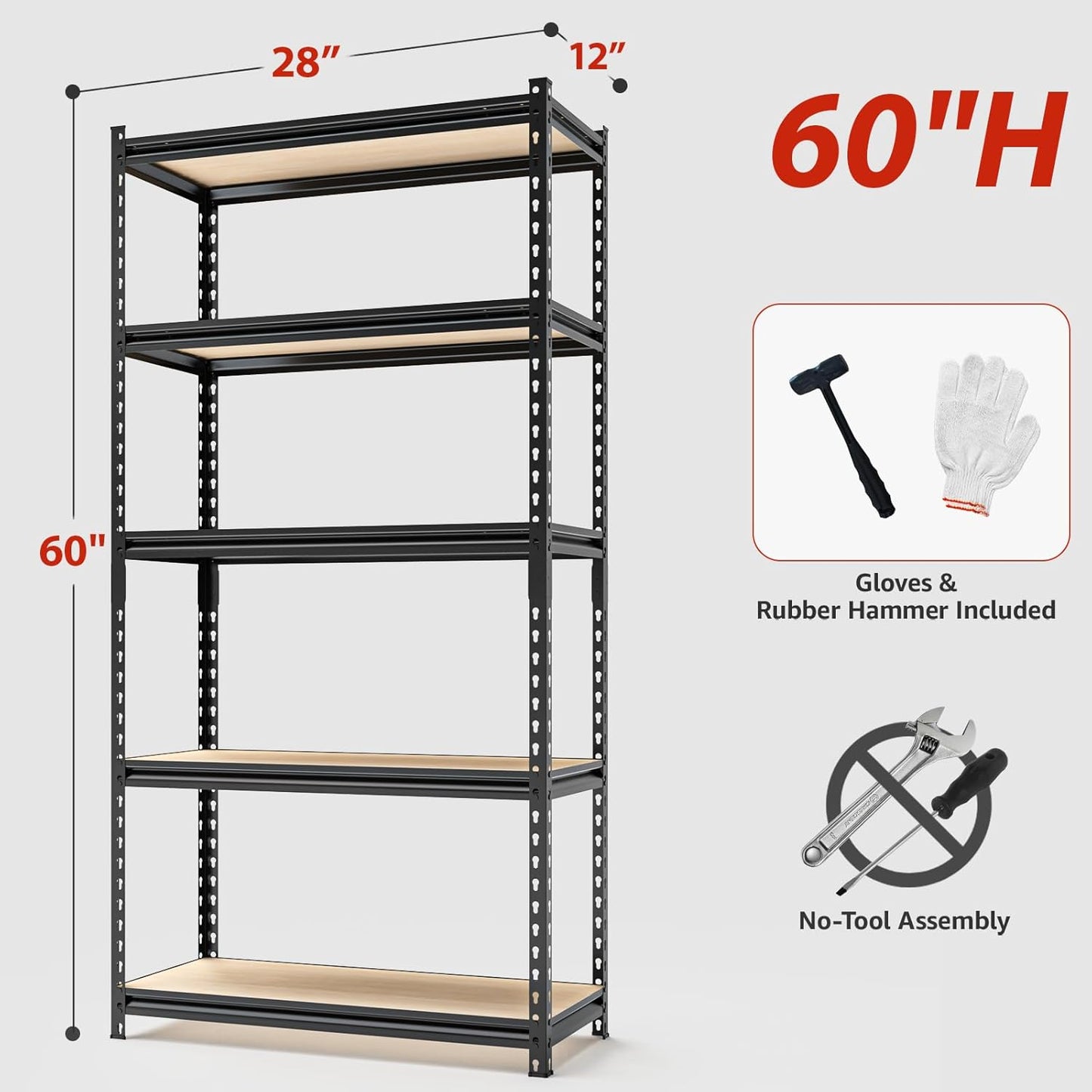 28" W Father&I Industrial Heavy-Dudy Garage Shelving Units/Systems: Metal 5-Tier Storage Shelves Adjustable for Basement/Closet/Tote/Kitchen/Pantry Organization, 60" H*28W *12" D, Black