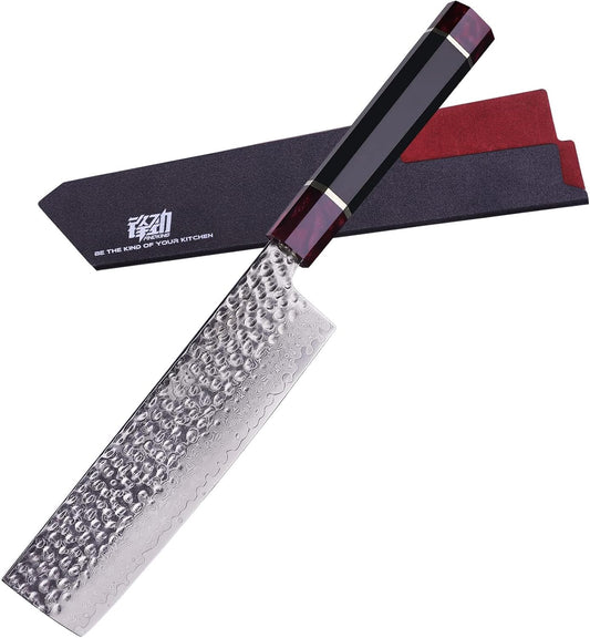 FINDKING 7 Inch Japanese Nakiri Knife with ABS sheath, Professional Vegetable Cleaver, Damascus Steel Blade, Resin Octagonal Handle, for Shredding, Slicing, Mincing (Eternity Series)