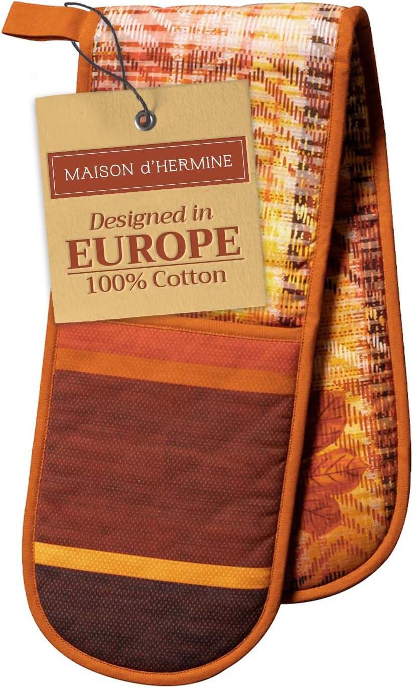 Maison d' Hermine Double Oven Mitt (7" x 35") 100% Cotton Heat Resistant BBQ Cooking Gloves with Loop for Thanksgiving Christmas Decorations Baking Cooking Handling Hot Pan (Thanksgiving Tartan)