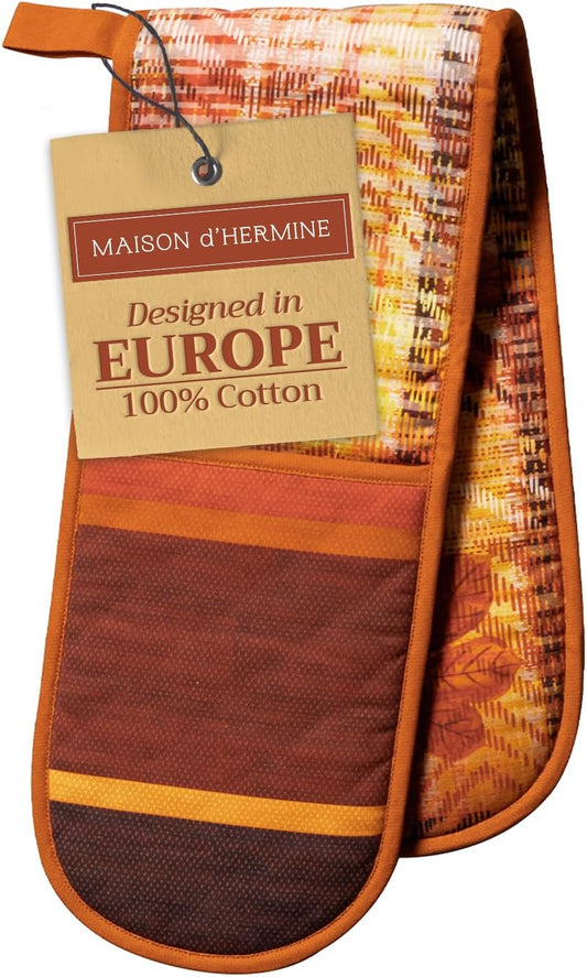 Maison d' Hermine Double Oven Mitt (7" x 35") 100% Cotton Heat Resistant BBQ Cooking Gloves with Loop for Thanksgiving Christmas Decorations Baking Cooking Handling Hot Pan (Thanksgiving Tartan)