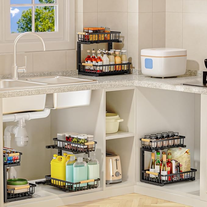 2Pcs Under Sink Organizer, Adjustable Under Sink Organizers and Storage, 2-Tier Pull Out Under Kitchen Sink Organizer, Sliding Out Metal Under Bathroom Sink Organizer for Kitchen Pantry Black