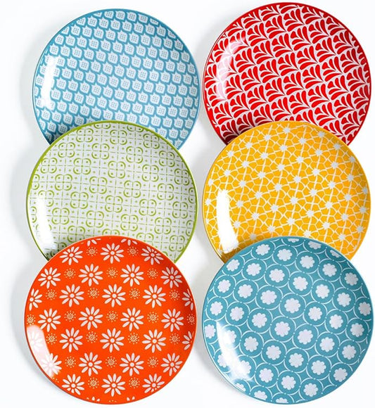 AntoKueh Ceramic Salad Plates Set of 6, 8 Inch Small Dessert Plates, Colorful Porcelain Plate Set for Appetizer, Cake, Snacks, Dishwasher & Microwave Safe