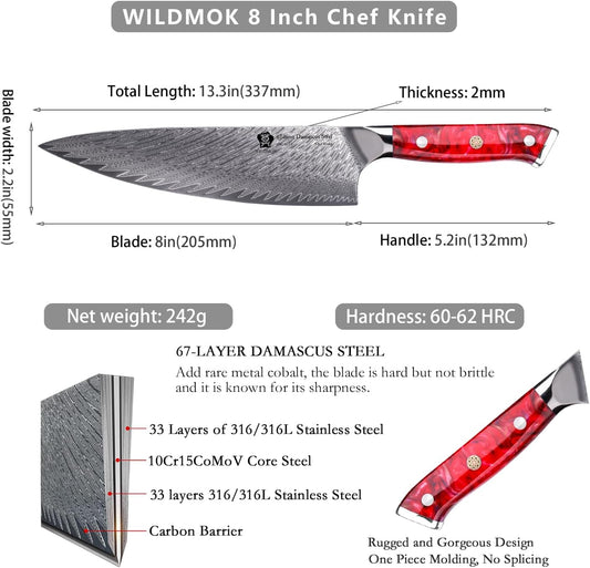 WILDMOK Chef Knife,8 inch Damascus Japanese Chef Knife, professional sharp Damascus kitchen knife,Red Resin Handle Kitchen Cooking chef's knives