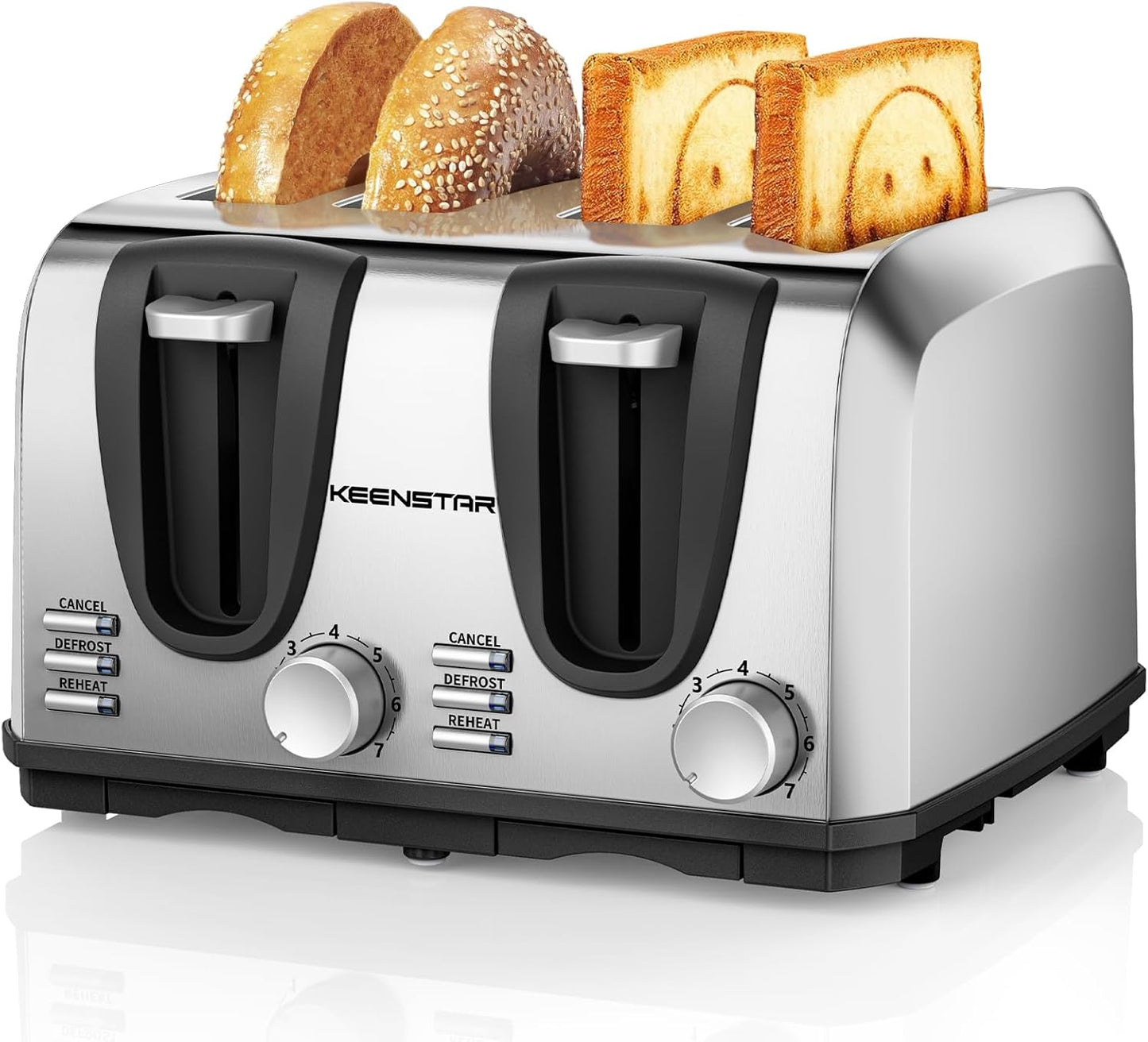 Keenstar Toaster 4 Slice, Bread Toaster with Dual Control Panels Extra-Wide Slot of Bagel/Defrost/Cancel Function, 7 Toasting Bread Shade Settings, Removable Crumb Trays, Auto Pop-Up, Stainless Steel