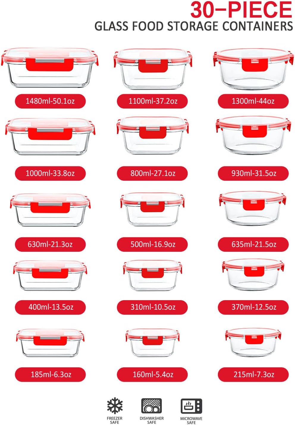 M MCIRCO 30 Pieces Glass Food Storage Containers with Upgraded Snap Locking Lids,Glass Meal Prep Containers Set - Airtight Lunch Containers, Microwave, Oven, Freezer and Dishwasher Friendly, Red