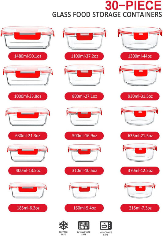 M MCIRCO 30 Pieces Glass Food Storage Containers with Upgraded Snap Locking Lids,Glass Meal Prep Containers Set - Airtight Lunch Containers, Microwave, Oven, Freezer and Dishwasher Friendly, Red