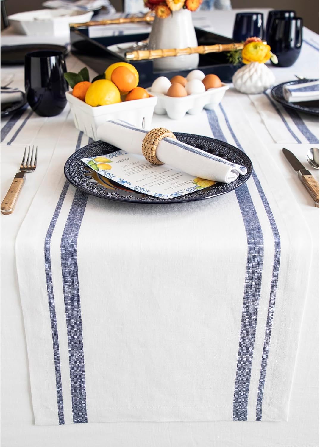 Solino Home Linen Table Runner 108 Inches Long - French Stripe, 100% Pure Linen Navy and White Farmhouse Table Runner 14 x 108 Inch Ideal for Dining, Fall, Autumn, Thanksgiving