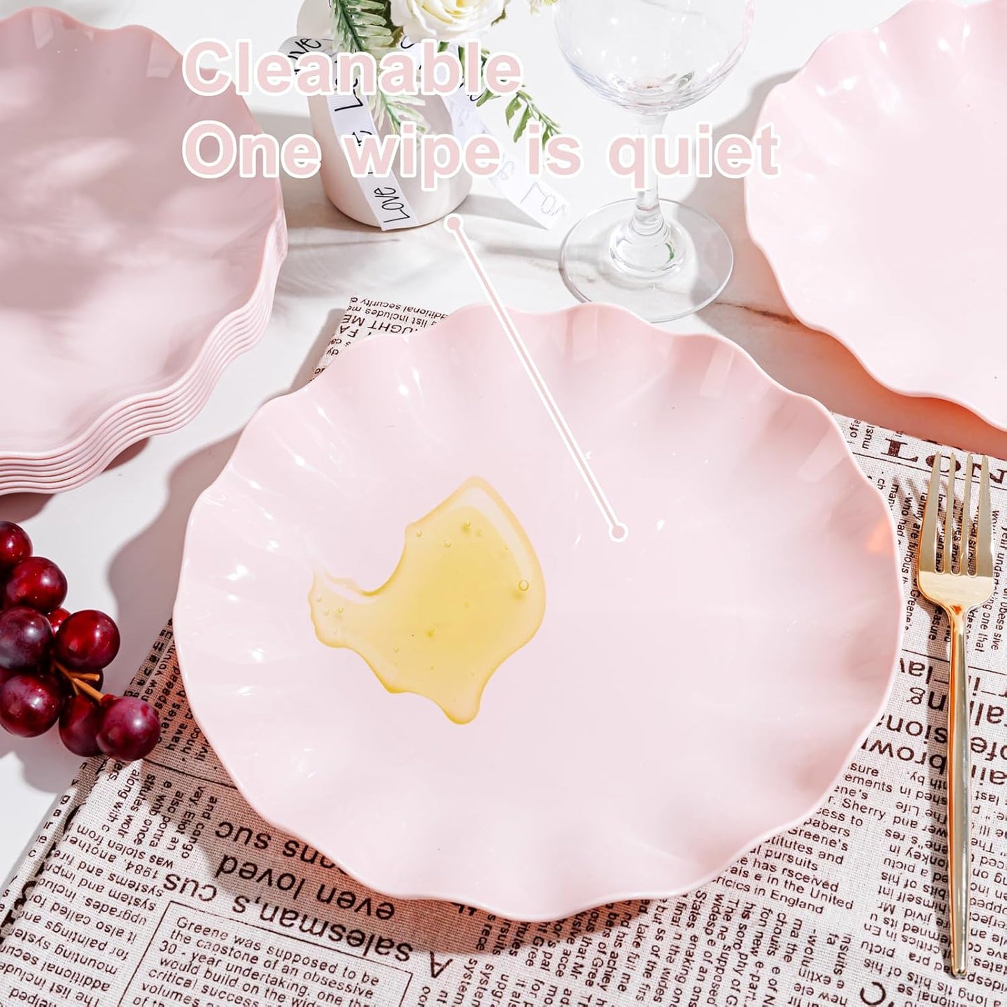 LIYH 20 Pcs 10 Inch Pink Scalloped Plastic Plates Reusable - Unbreakable Plastic Wavy Plates for Weddings Party Outdoor Picnics Dishwasher Safe BPA Free 10" Dinner Plate