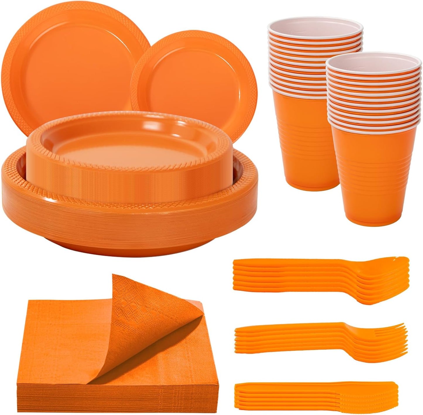 WELLIFE 210Pcs Orange Disposable Plates For Party,Plastic Dinnerware Set,Includes: Orange Plastic Plates and Napkins, Disposable Cutlery and 12OZ Cups, Serve 30 Guests for Party and Thanksgiving