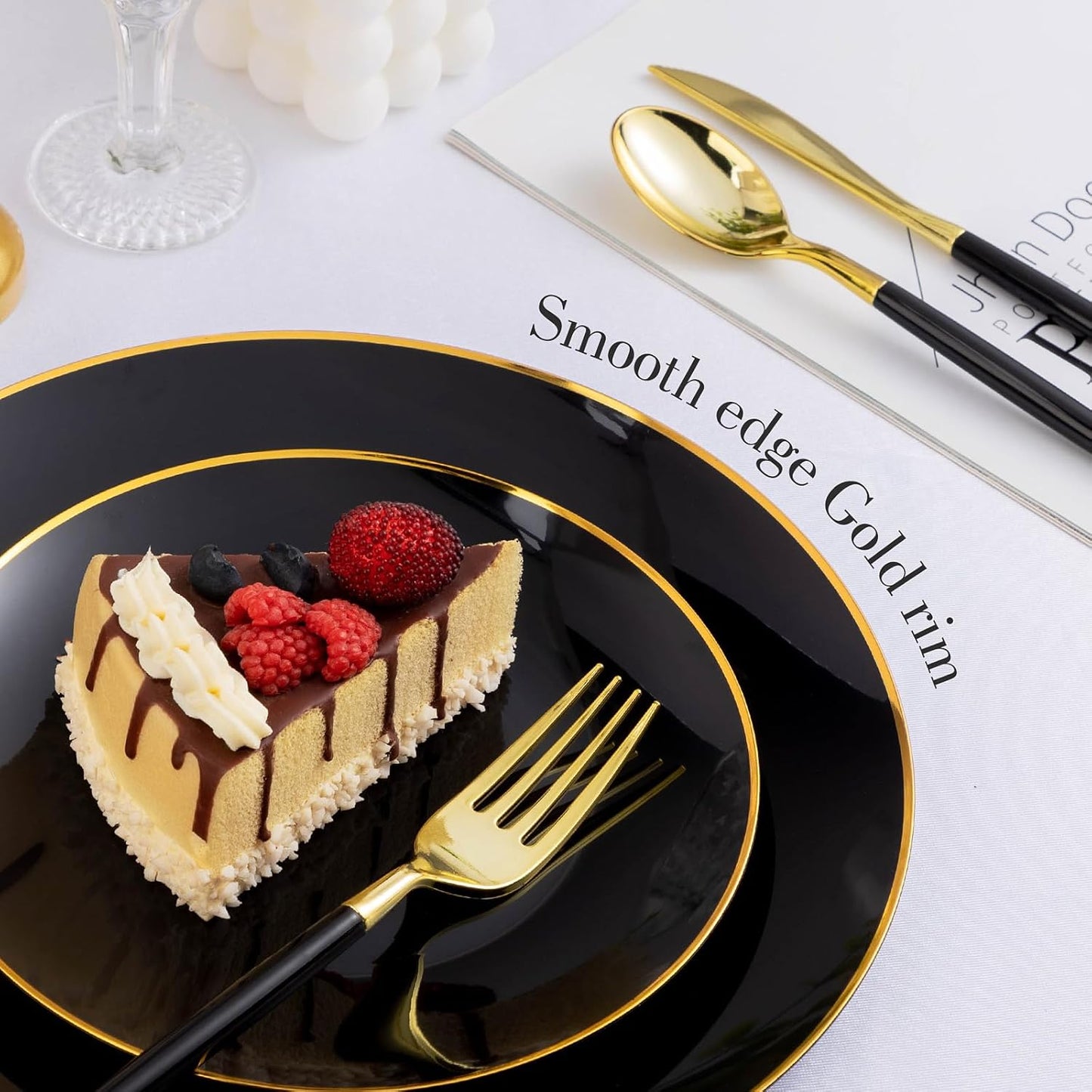 100PCS Black Plastic Plates with Gold Rim, Black Gold Disposable Plates for Party, Graduation and Wedding, Include 50 Dinner Plates, 50 Dessert Plates for 50 Guests