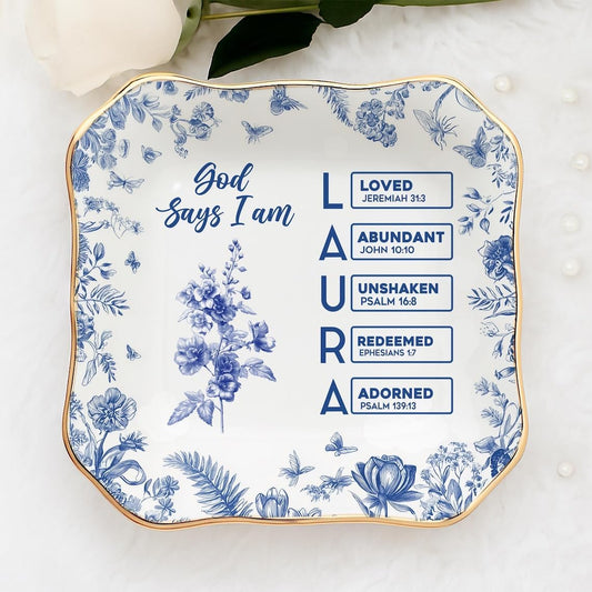 V-DECORPARKS God Says I Am Personalized Jewelry Dish – Name Letter Ceramic Tray with Toile de Jouy Style – Christian Gifts for Women, Religious Faith Gift, Inspirational Custom Storage Dish