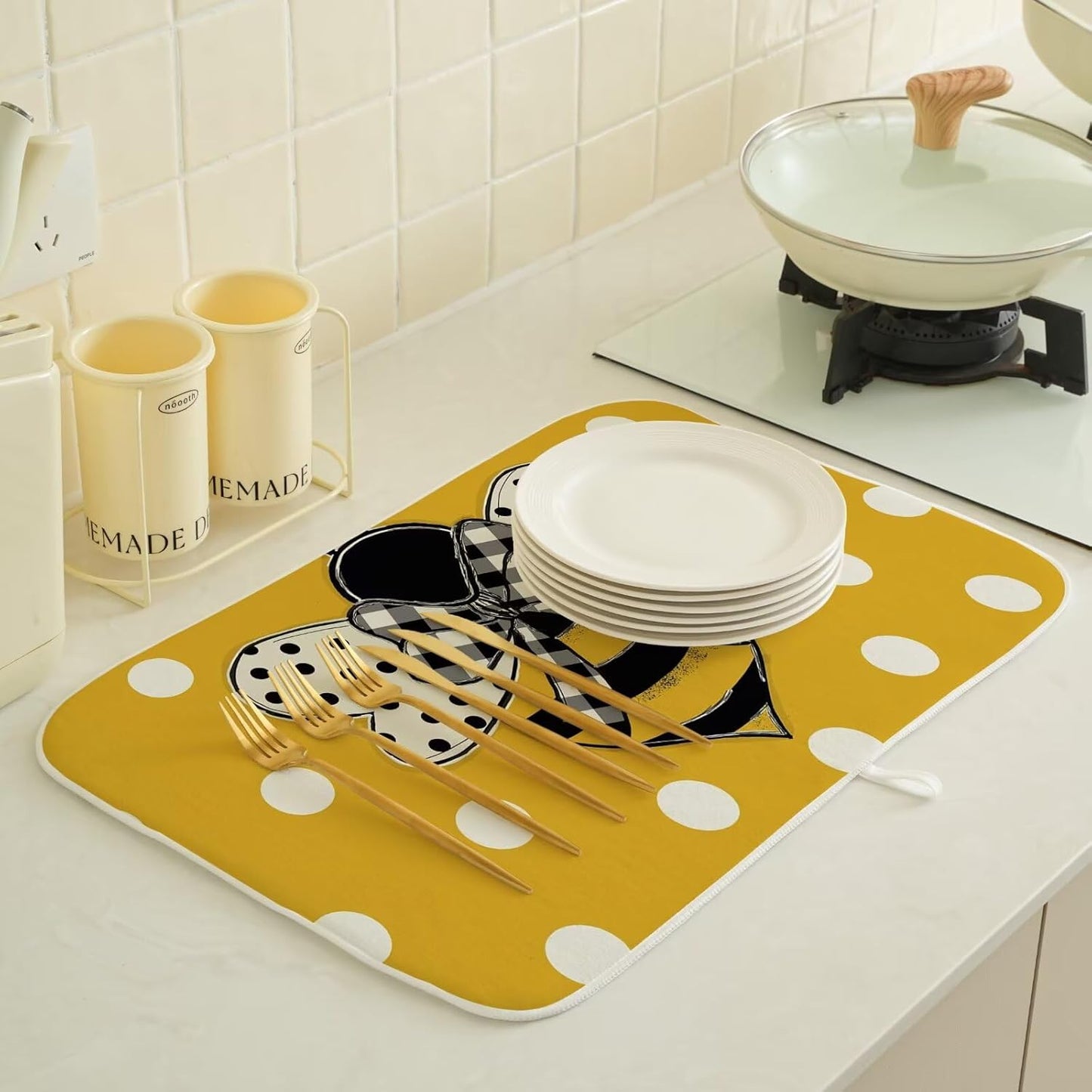 Summer Dish Drying Mat 18 x 24 inch Yellow Bumble bee Polka Dots Decorative Drying Mats Microfiber Absorbent Dish Washable Draining Mat for Kitchen Counter Decor