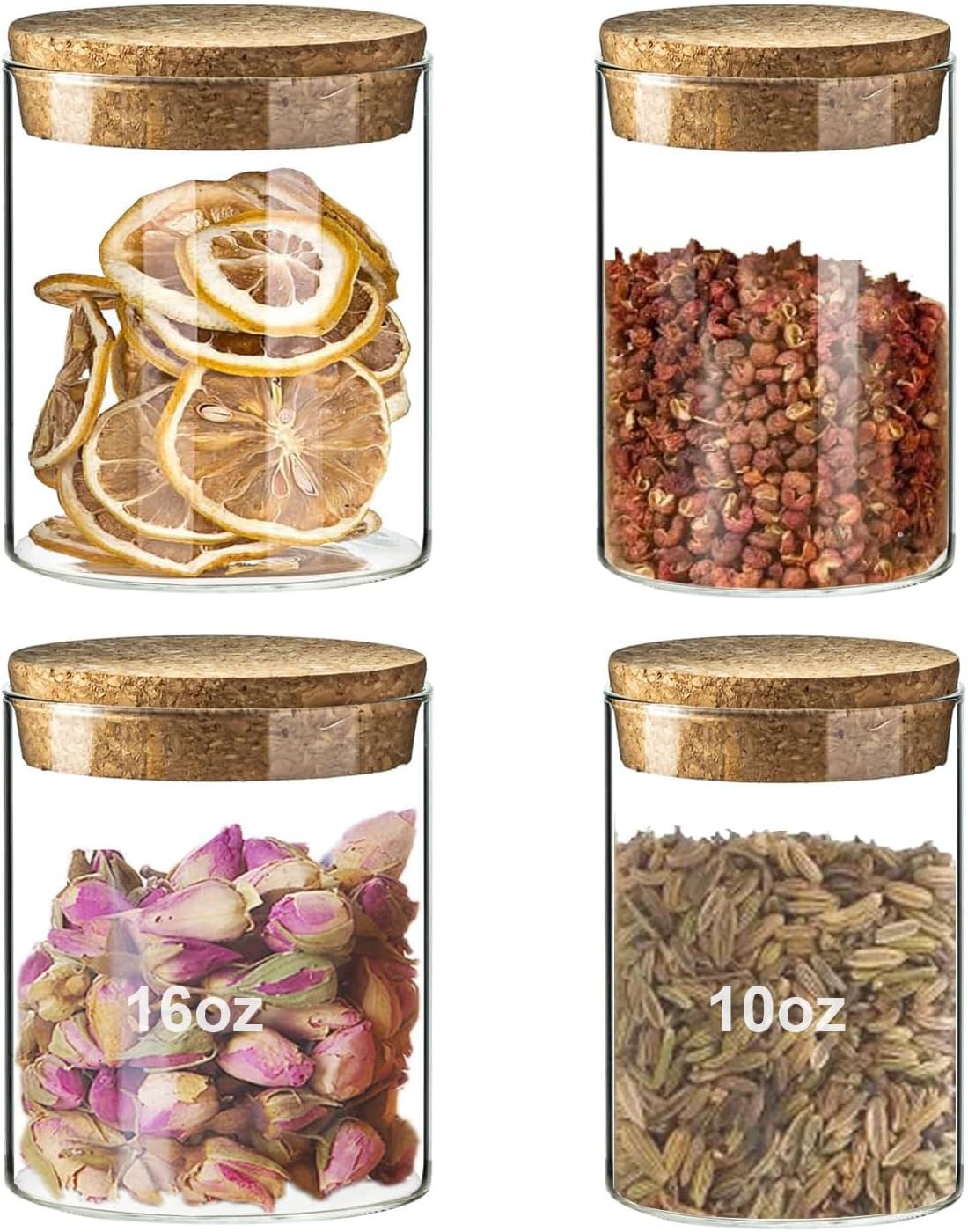 Airtight Glass Jars with Cork Lids -set of 4 (2 Large 16oz & 2 Small 10oz) Kitchen Storage Containers for Tea, Cereal, Spices, Beans, Candy | Wedding, Pantry, Biscuit Organization (4PCS)