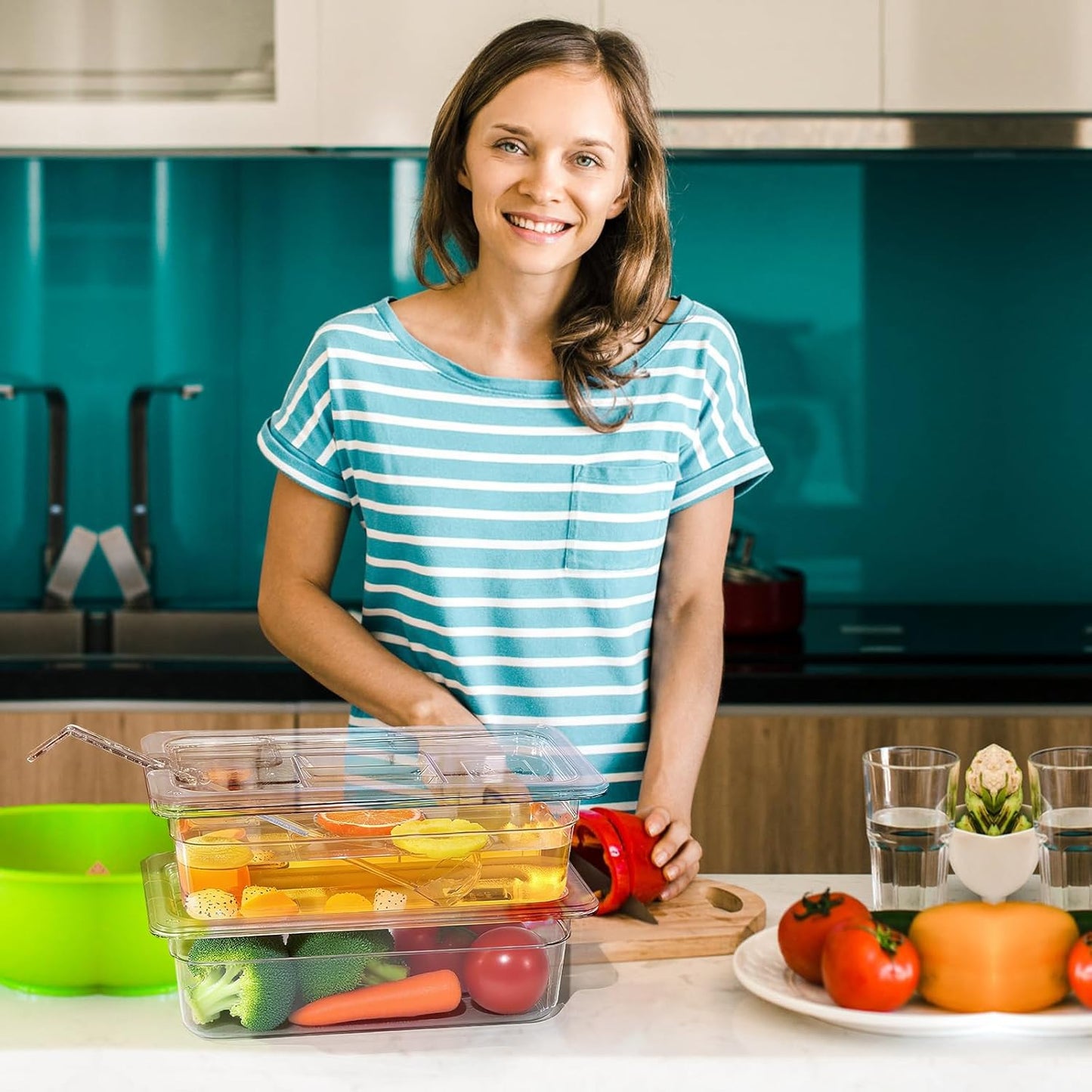 6 Pack Plastic Food Pans with Lids, 1/3 Size 4'' Deep Clear Commercial Stackable Polycarbonate Pans Hotel Food Storage Pan with 1 Pcs Spoon for Fruits Vegetables