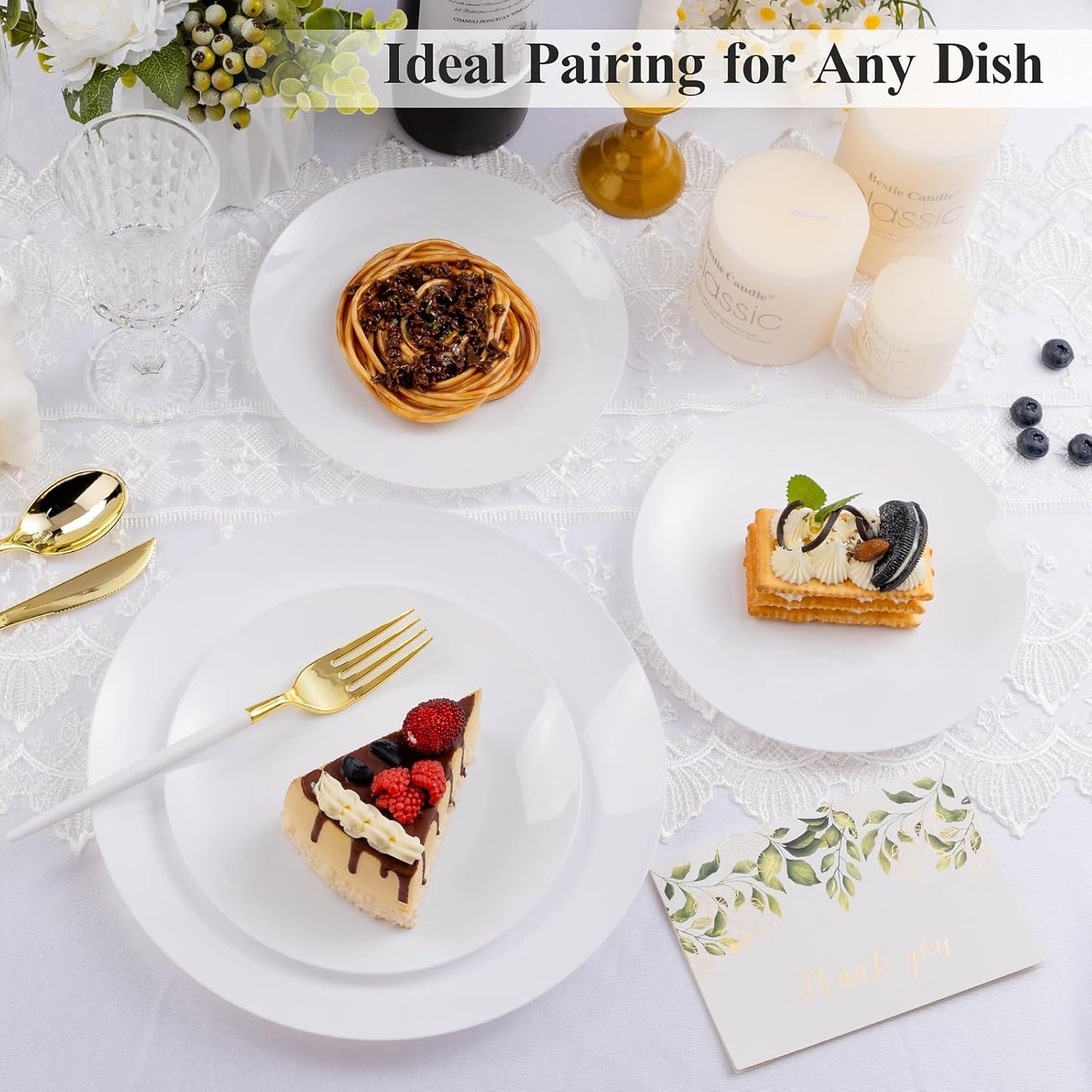 100PCS White Plastic Plates, White Disposable Plates for Party, Wedding, Include 50 Dinner Plates, 50 Dessert Plates for 50 Guests
