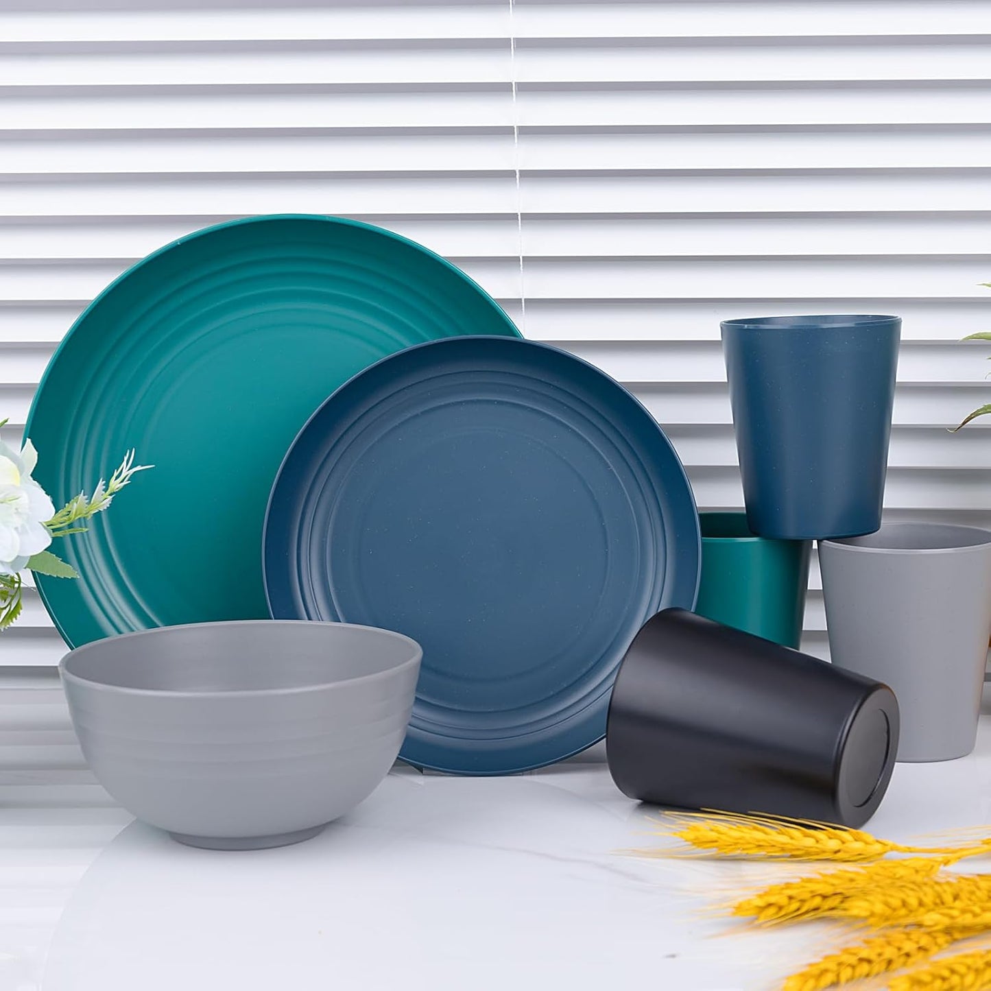 Supernal 32pcs Wheat Straw Dinnerware Sets,Plastic Plates and Bowls Sets for 8,Unbreakable Plates and Bowls Sets Dishwasher Safe Microwave Safe Fun Colors Perfect for Cooking Family Camping Picnics