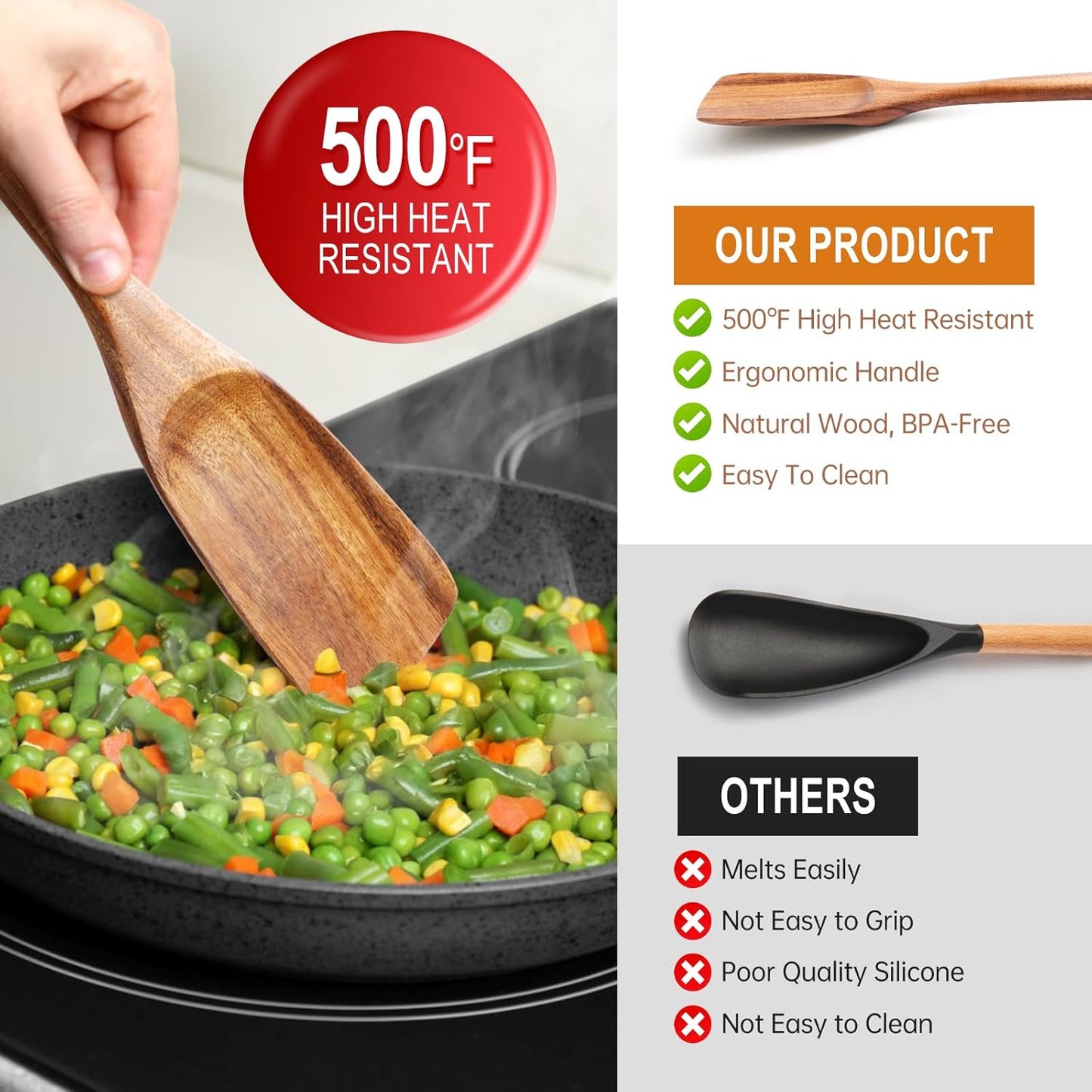 Multifunction Wooden Spatula Spoon, Great for Both Cooking and Serving, Mixing, Scoop, and Scrape, Nonstick Cookwares, BPA-Free, Heat Resistant Wood Spatula for Kitchen Use