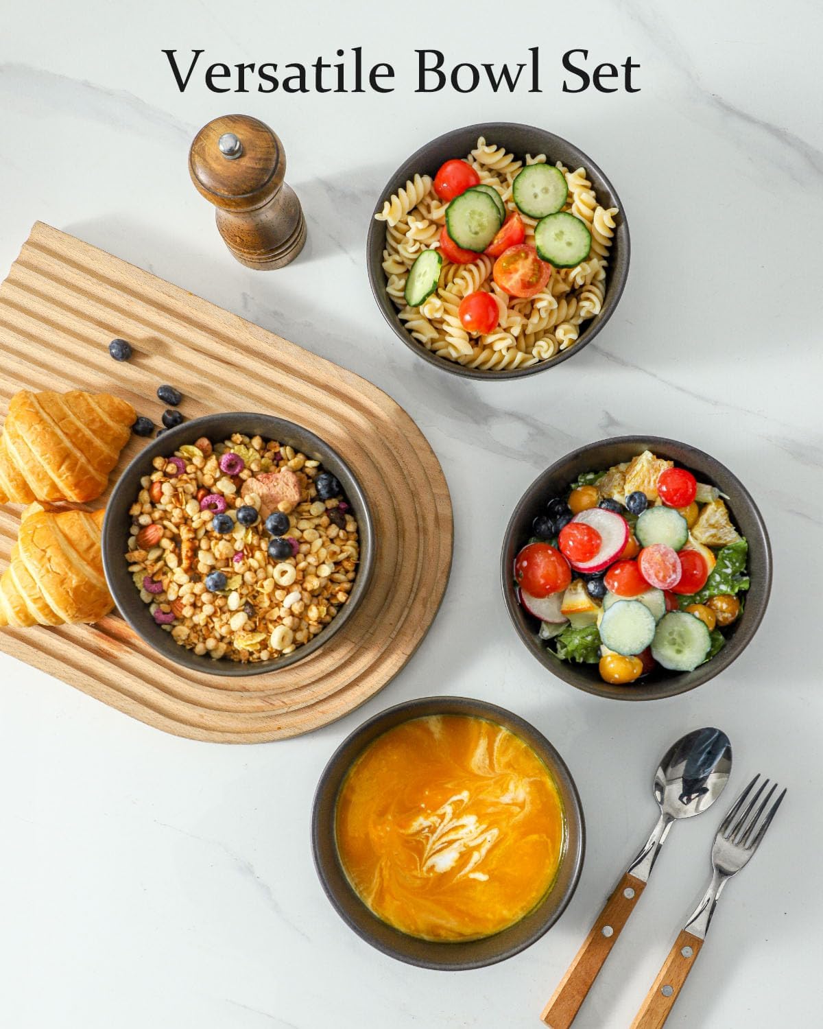 Cereal Bowls, 24 oz Soup Bowls Set of 4, Ceramic Bowls Set for Salad, Fruit, Breakfast, Dessert, Stoneware Bowls for Kitchen, Dishwasher & Microwave Safe, Matte Black