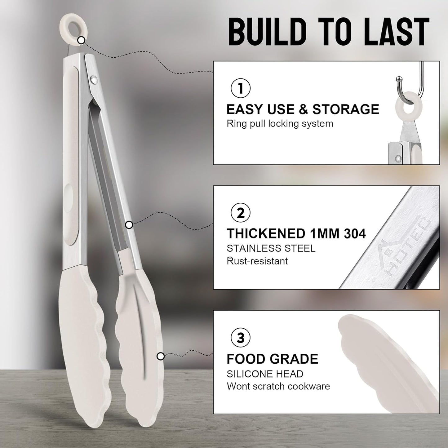 HOTEC Premium Stainless Steel Locking Kitchen Tongs with Silicon Tips, Set of 2-9" and 12",Khaki