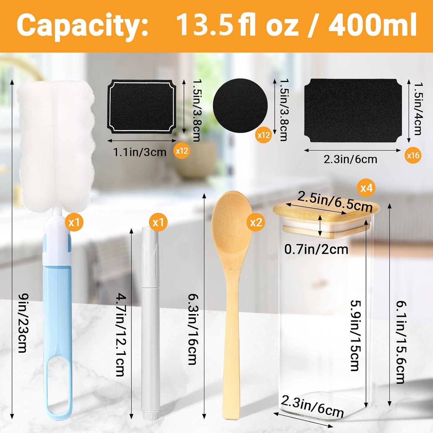 Glass Jars with Lids, 4 Pack 13 Fl.oz Square Glass Storage Jars with Bamboo Lids, Spice Canister Kitchen Pantry Containers for Sugar, Coffee Beans, Tea - Included Labels, Spoon and Marker