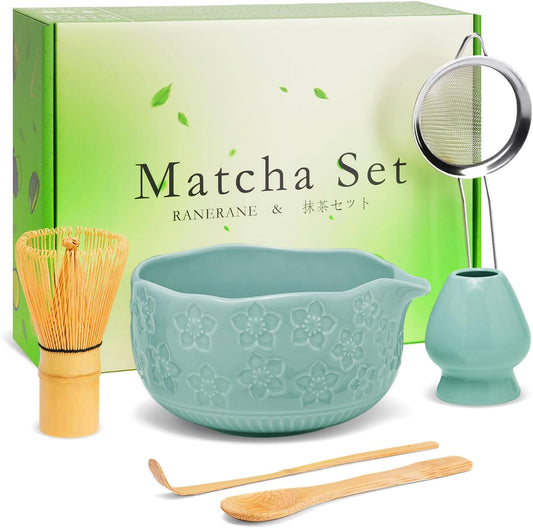 Matcha Whisk Set, Sakura Blue Ceramic Matcha Set Includes Matcha Bowl, Matcha Whisk (Chasen) and Holder, Sifter, Bamboo Scoop & Spoon - 6 Pcs Matcha Kit for Matcha Lovers