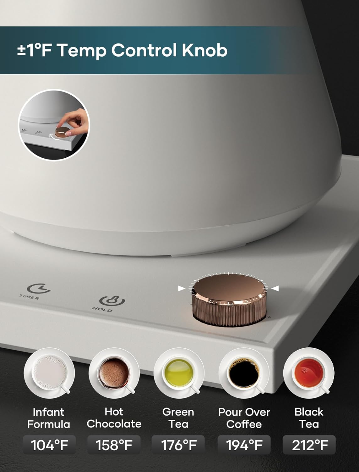 Electric Kettle, Gooseneck Electric Kettle, ±1℉ Precise Temperature Control, Stainless Steel Interior, Quick Heating for Pour Over Coffee, Tea & Boiling Water, 0.9L (Cream White)