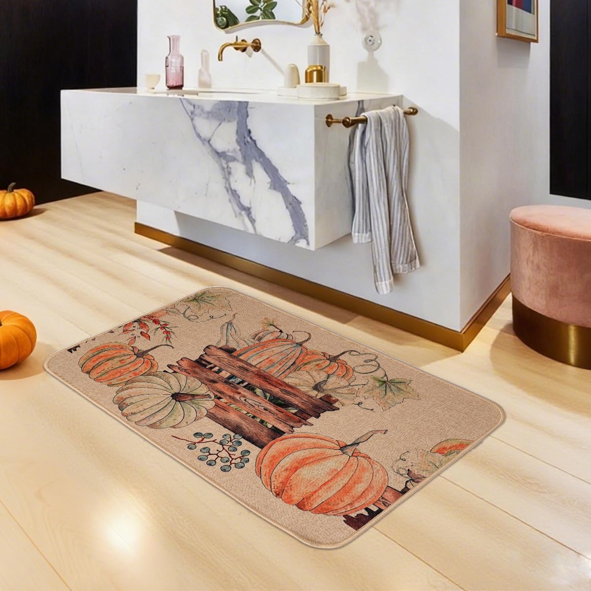 Larponder Fall Pumpkin Kitchen Mats, Non-Slip Absorbent Rug and Door Mats, Home Decor Kitchen Floor Rugs for Autumn Harvest Thanksgiving Holiday - 17x24 Inch