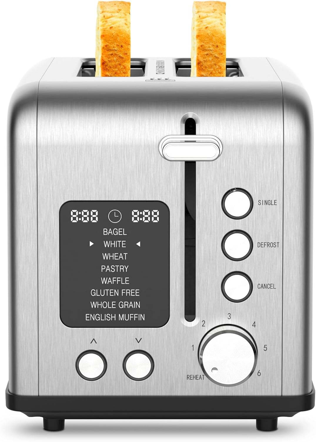 2-Slice Toaster with 8 Bread Types & 6 Browning Levels, Timer Count-down Display, Defrost, Reheat and Cancel Setting with LED Lighting, Extra lifting, Self-centering and Single Function, 825W