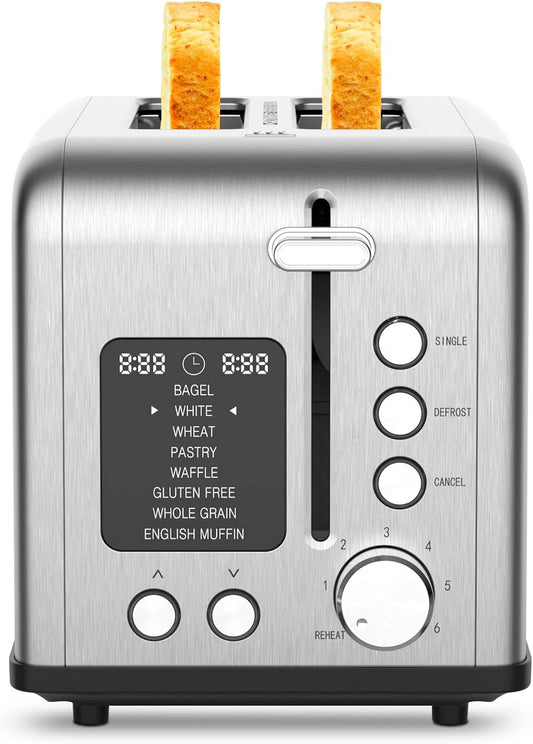2-Slice Toaster with 8 Bread Types & 6 Browning Levels, Timer Count-down Display, Defrost, Reheat and Cancel Setting with LED Lighting, Extra lifting, Self-centering and Single Function, 825W