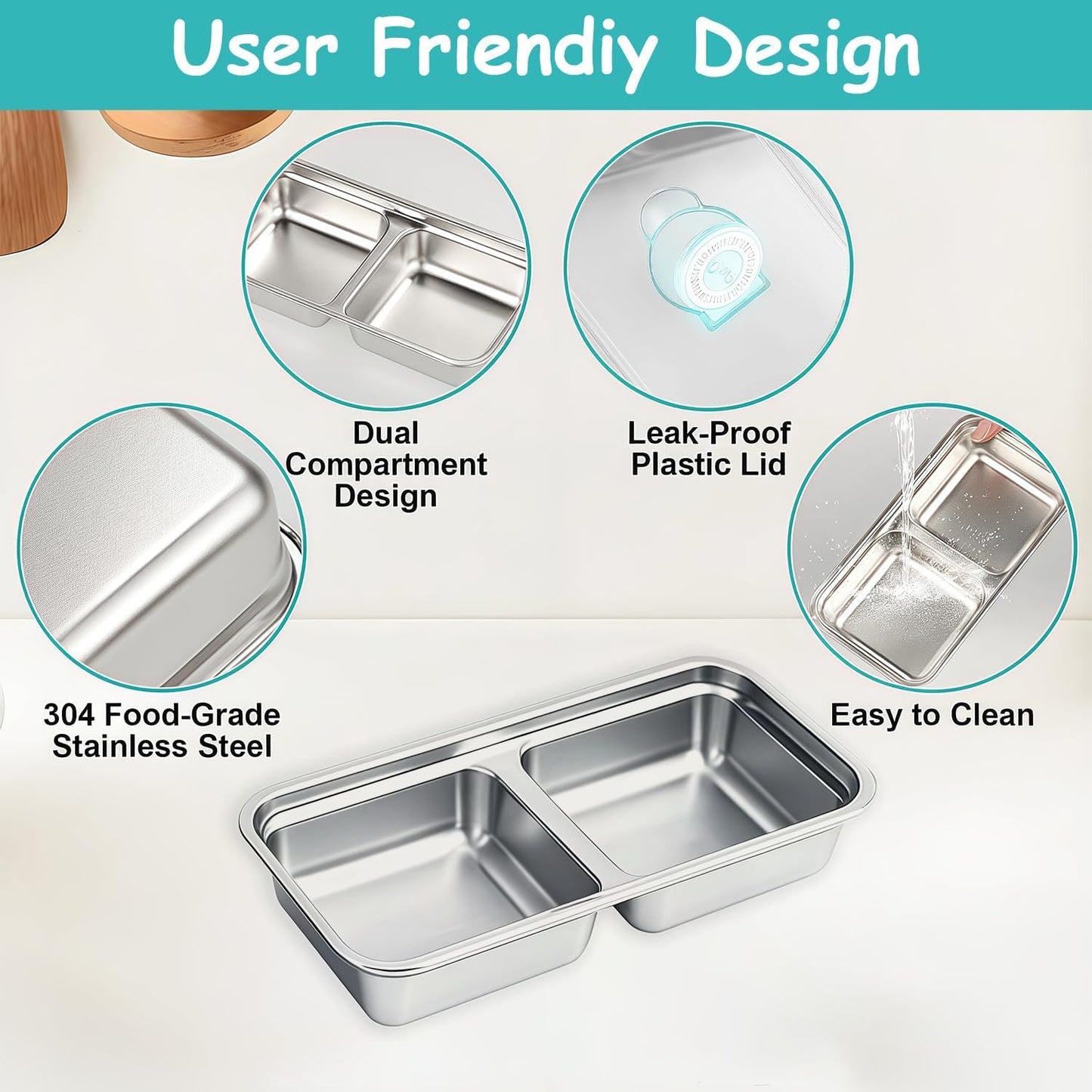 6Pcs 304 Stainless Steel Snack Containers, 30 oz 2 Compartments Portable Food Storage Bento Boxes with Leakproof Lids, Divided Meal Prep Lunch Box Food Container Dishwasher Safe