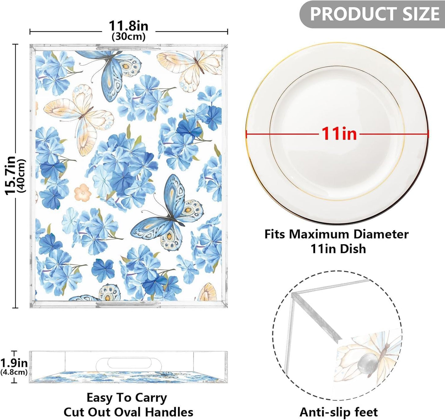 Acrylic Serving Tray with Handles Spill Proof Kitchen Storage Tray Clear Decorative Tray Makeup Drawer Organizer Storage Tray for Bathroom Living Room Ottoman 15.7x11.8Inches