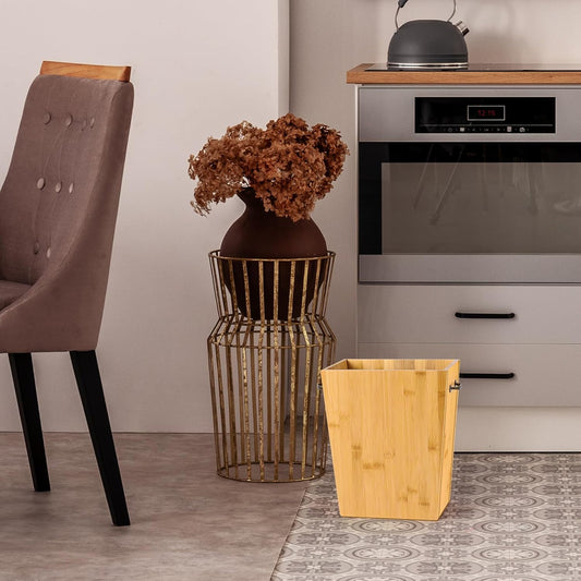 SEHERTIWY Wood Trash Can, Farmhouse Wastebasket Bin for Bathroom, Office, Bedroom, Living Room, Small Square Rustic Garbage Container with Metal Handle (Wood-Black-Handle)