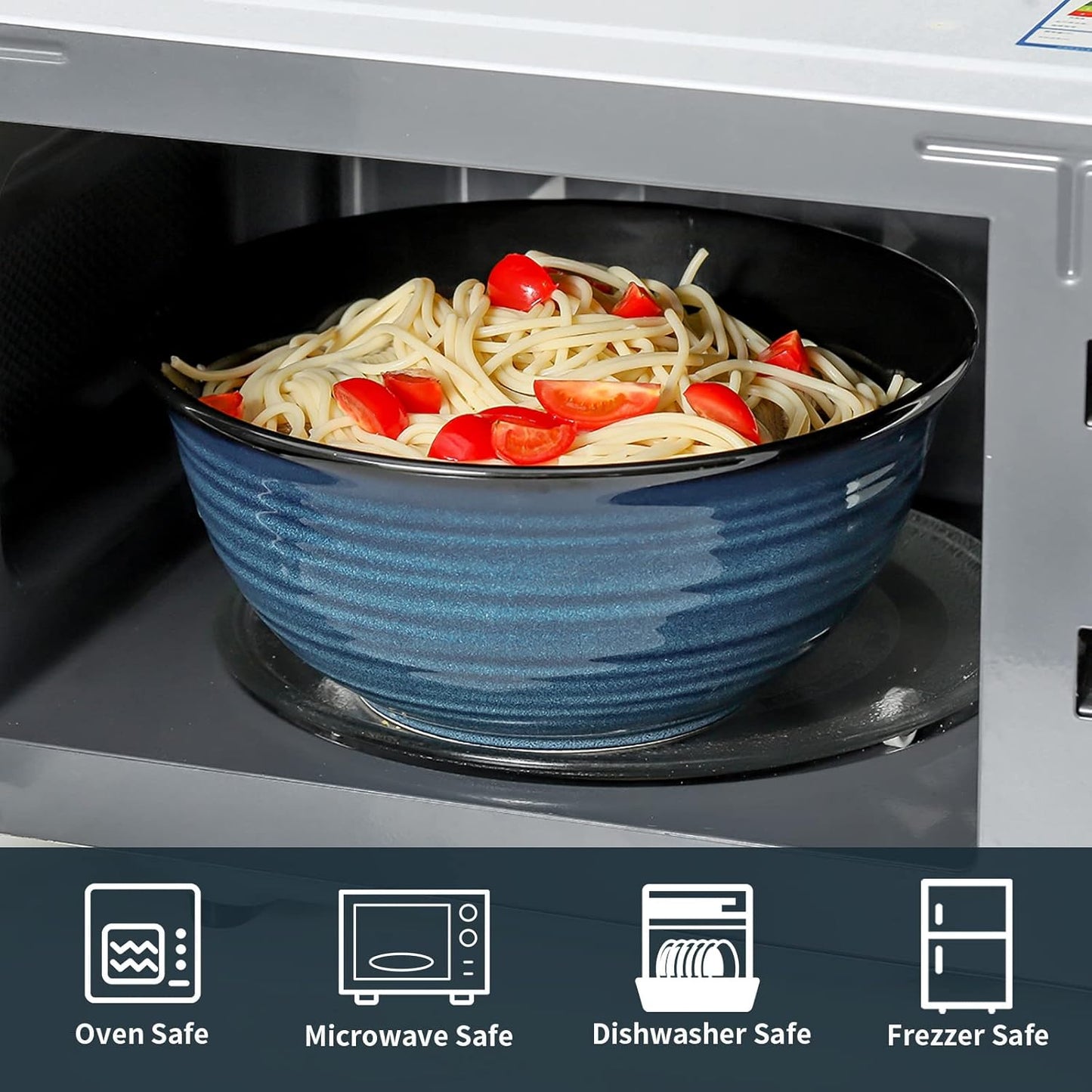 Hasense Ceramic Serving Bowls, 9 Inch Large Salad Bowls for Kitchen, 84 Ounce Mixing Bowl Set of 2, Ideal for Soup Pho Pasta Popcorn, Dishwasher & Microwave Safe(Blue)