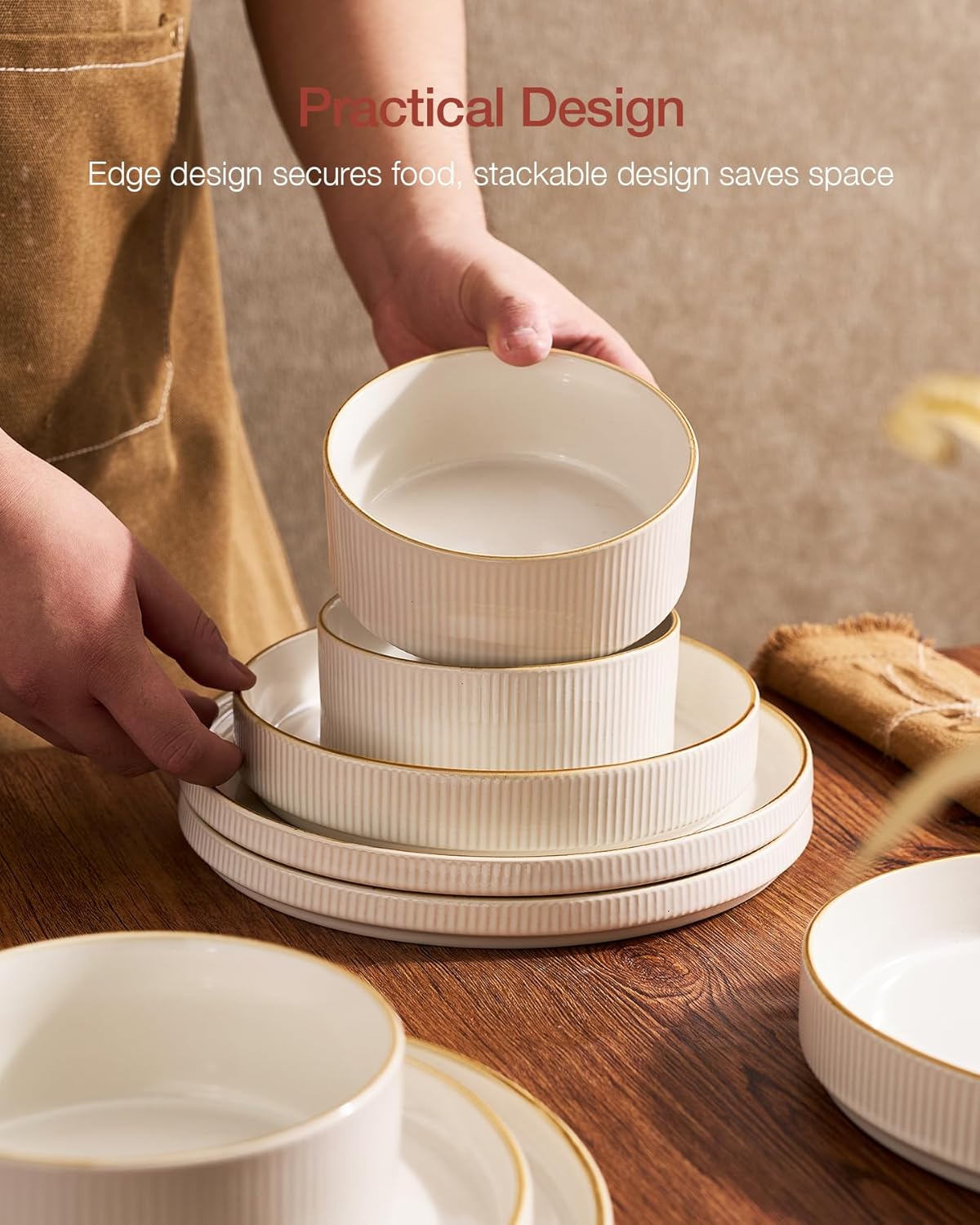 Famiware Star Dinnerware Set, Plates and Bowls Sets for 8 (24pcs), Ribbed Stoneware Dishes - Chip & Scratch Resistant, Microwave & Dishwasher Safe Tableware, White