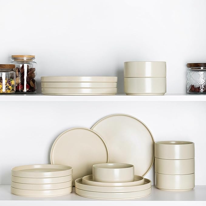 TheTerra Ceramic Dinnerware Sets for 8, 24 Pieces Handmade Reactive Glaze Plates and Bowls Set, Scratch Resistant Dish Set, Oven & Microwave & Dishwasher Safe, Ice Cream