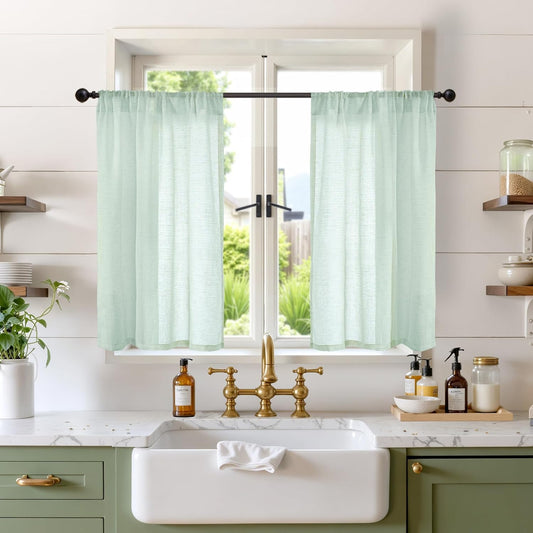 BGment Sage Green Linen Curtains 36 Inch Length for Short Window - Small Drapes Light Filtering for Cafe Bedroom Decorative Lightweight Natural Rustic Rod Pocket, 2 Panels Set, 30 X 36 Inch