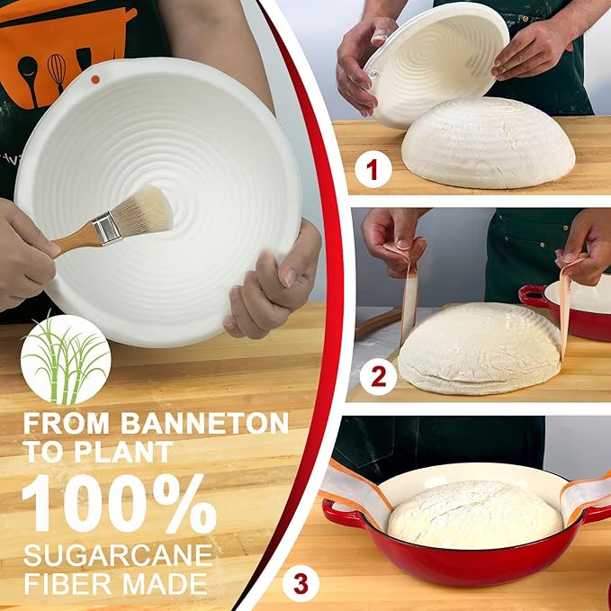 AHJ 6QT Dutch Oven For Bread Baking, Enameled Cast Iron Dutch Oven Pot with Lid, Multi-Functional Bread pan, Sourdough Baking Supplies with Proofing Basket, Cast Iron Bread Oven, Silicone Sling & Gloves.